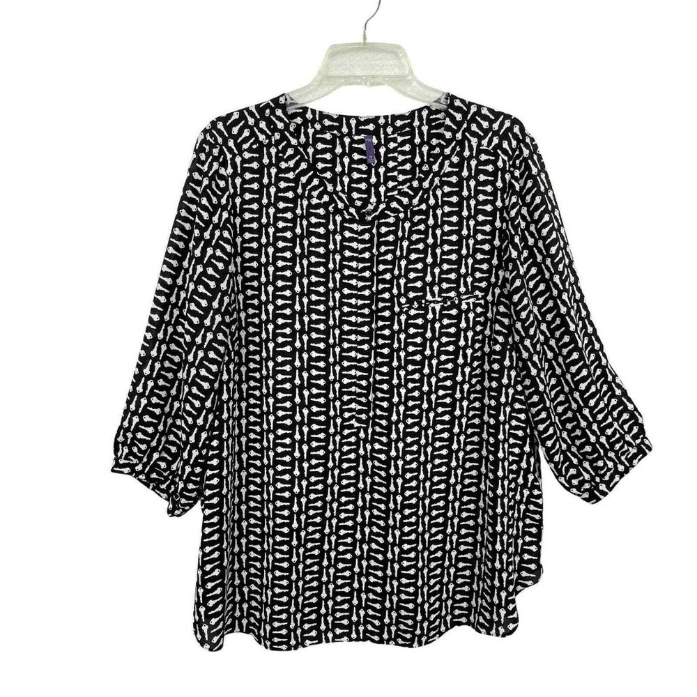 NYDJ Womens Tunic Top Size 1X Keys 3/4 Sleeve Half Button Placket Black White